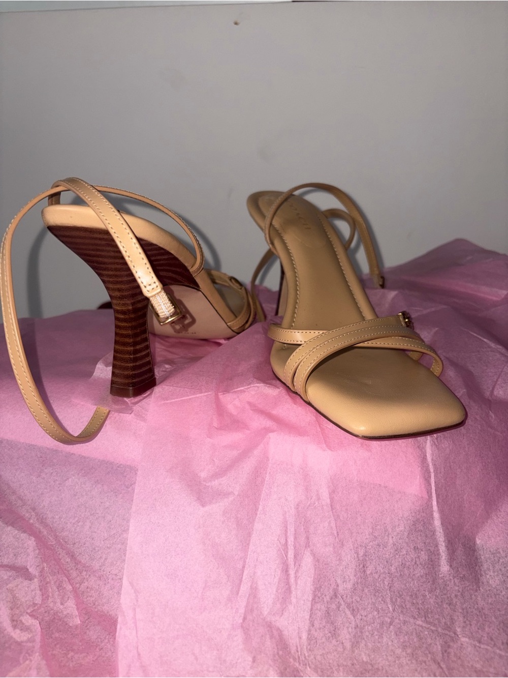Coach Women's Nude Strappy Square-Toe Heels - Picture 2 of 7